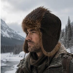 Authentic Beaver Trapper Hat Ushanka Black Brown Fur Ear Flaps Pom Poms Winter